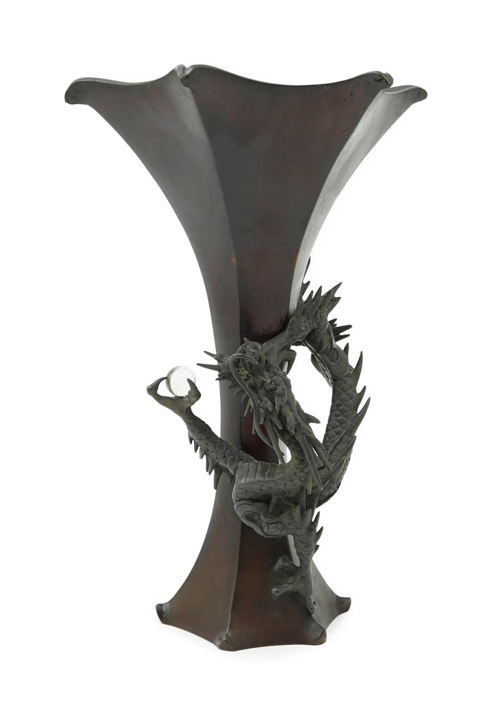 A Japanese bronze 'dragon' hexagonal beaker vase, Meiji period